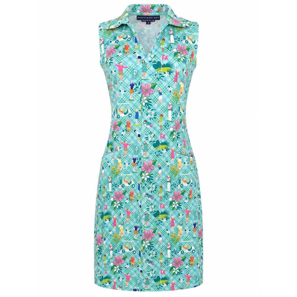 Katherine Way Golf Print Sleeveless Performance Dress Pockets Aqua Size S